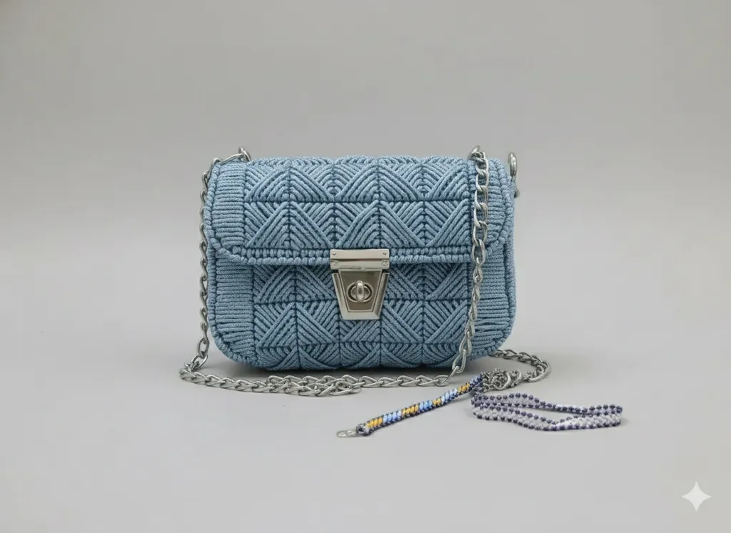Mavi Makrome Örgü Zincir Askılı Gece Çantası | El Yapımı
