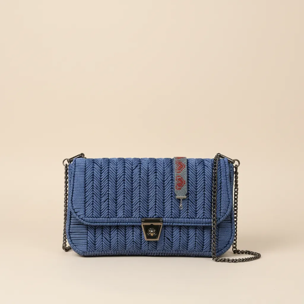 Mavi Örgü Omuz Çantası - Zincir Askılı, Kalıplı, El Emeği