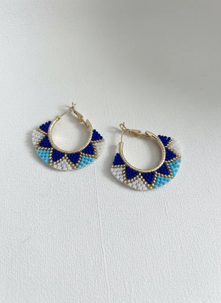 Mavi ve Beyaz Miyuki Boncuklu Halka Küpe - El Yapımı Tasarım