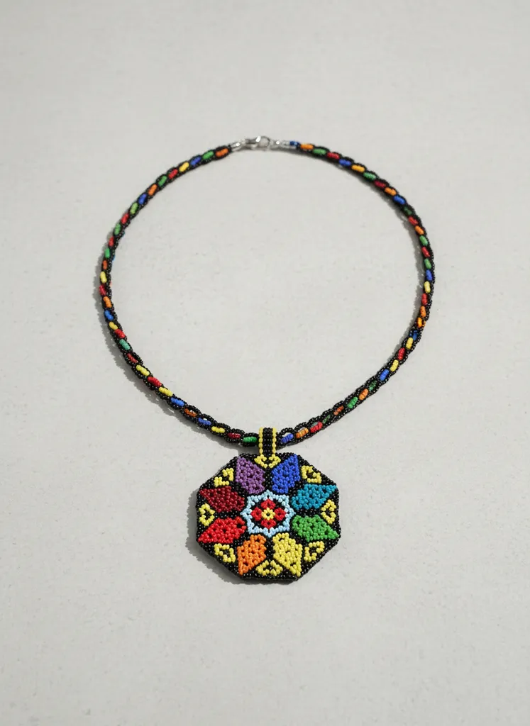 Renkli Miyoki Boncuk Dokuma Etnik Desenli Yuvarlak Madalyon Kolye