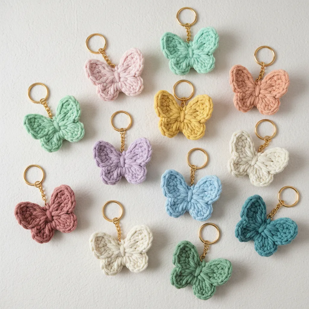 Örme Kelebek Anahtarlık - Karışık Renkli, Penye İpten, 10 Adet
