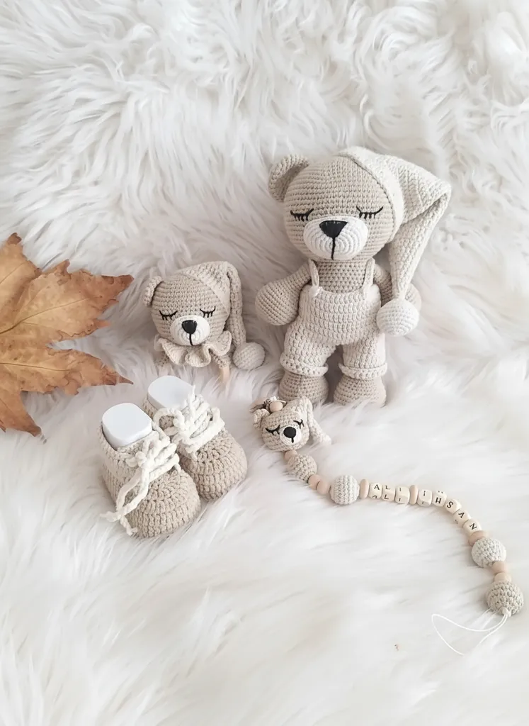 Krem Rengi Örgü Bebek Uykucu Seti (4 Parça) - El Emeği