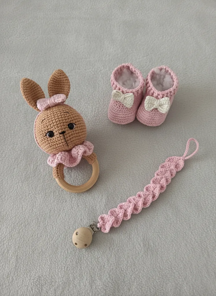 Pembe Amigurumi Yeni Doğan Bebek Seti (Oyuncak, Patik, Emzik Zinciri)
