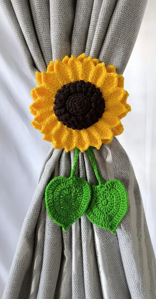 Sarı Ayçiçeği Motifli Örgü Perde Tutucu - El Yapımı Dekoratif Süs
