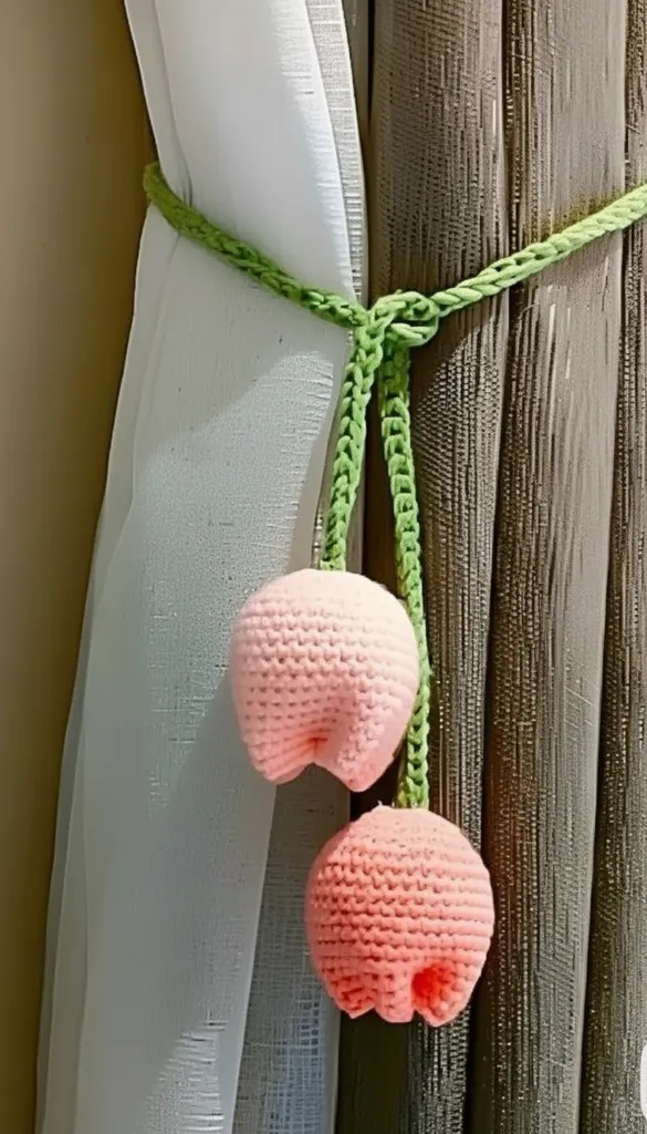 Pembe Lale Model El Örgüsü Perde Tokası - Dekoratif Perde Süsü