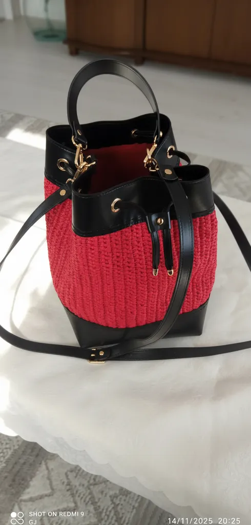 Kırmızı Rafya Örgü Deri Detaylı Astarlı Torba Çanta - El Örgüsü