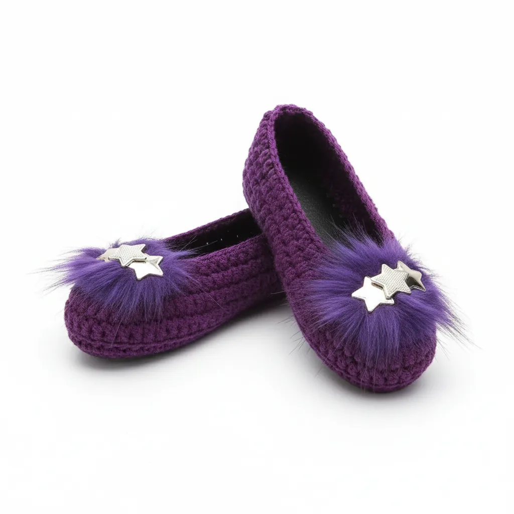 Mor Örgü Babet Ev Terliği - Yıldız Detaylı, Nako Pırlanta İplikten El Emeği