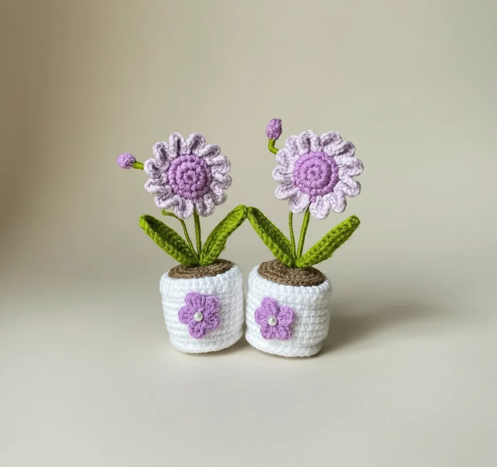 Örgü Lila Çiçek Saksıda Dekoratif Hediyelik - El Emeği (2 Adet)