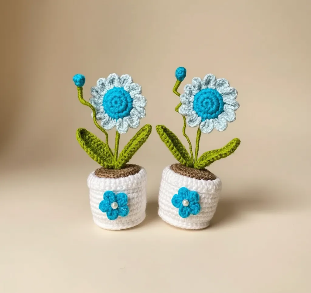 Örgü Beyaz Saksıda Mavi Papatya Çiçek Buketi - El Emeği (2 Adet)