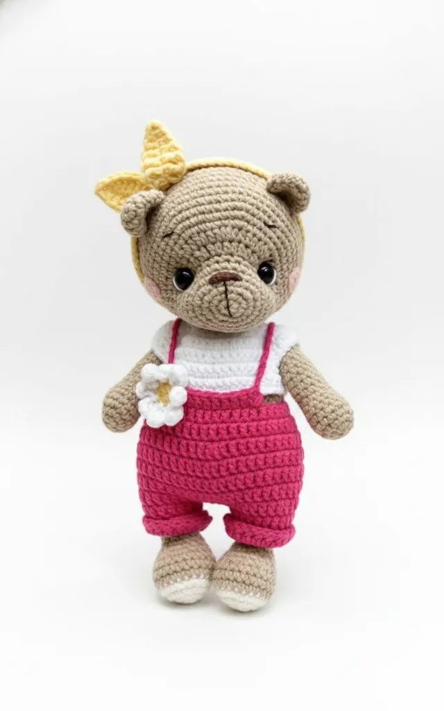 Fuşya Salopetli Amigurumi Ayıcık - Papatyalı El Yapımı Oyuncak