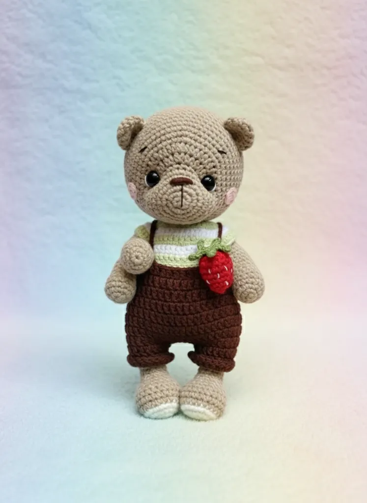 Knitted Toy Bear - Strawberry Detail, Handmade Gift