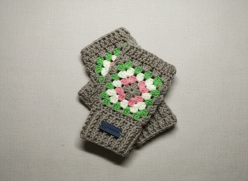 Gri Renkli Çiçek Desenli Pamuk İpten Örme Parmaksız Eldiven - El Emeği