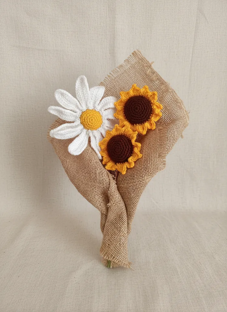 Örme Ayçiçeği ve Papatya Buketi - Jüt Kumaşlı El Yapımı Çiçekler