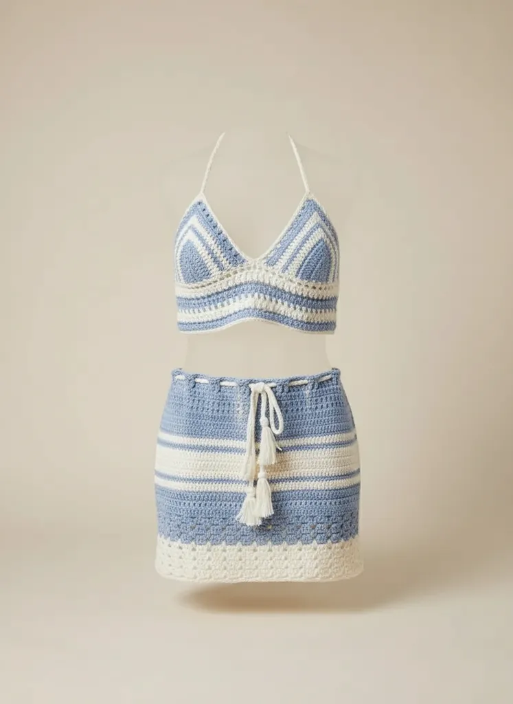 Blue White Crochet Bikini and Skirt Set - Handmade