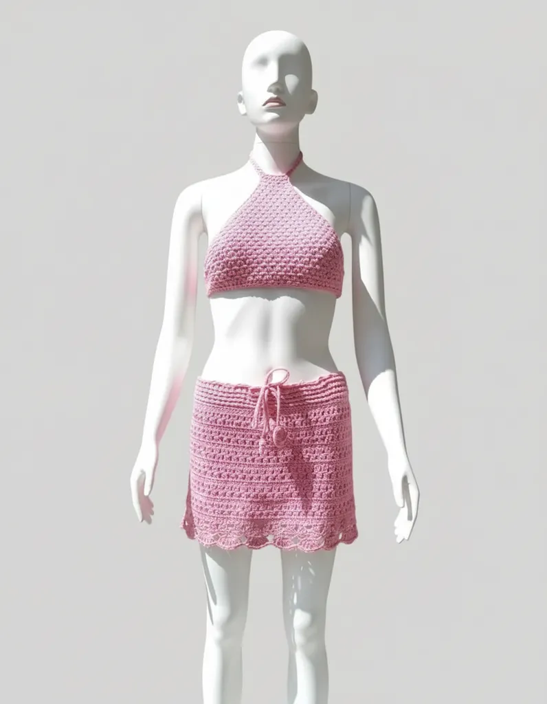 Pembe Tığ İşi Büstiyer ve Mini Etek Takımı - Pamuklu Yazlık Kombin