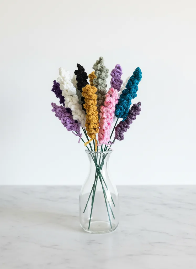 Renkli Örgü Lavanta Buketi - 10 Adet Dekoratif Çiçek Aranjmanı