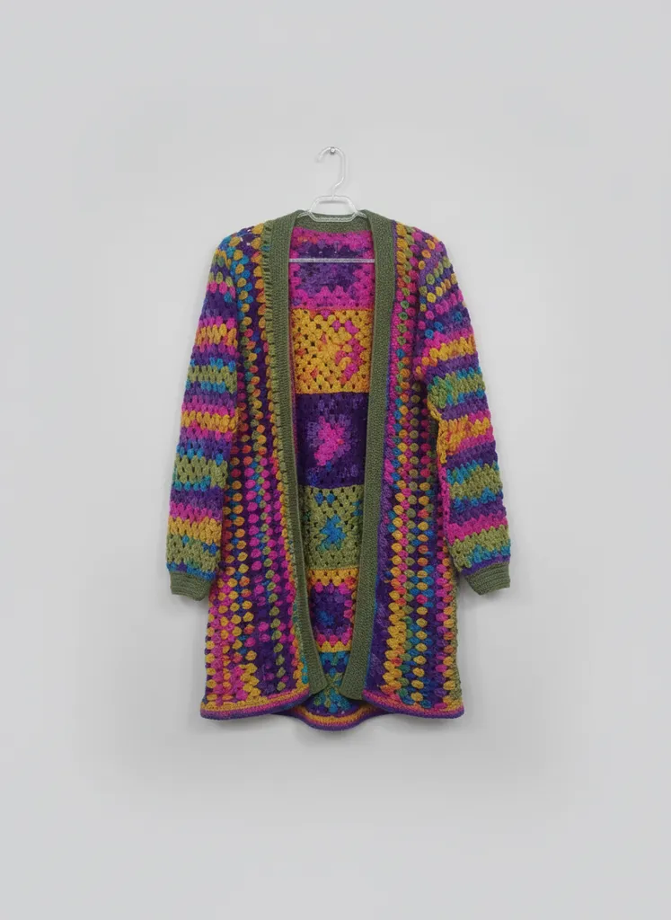 Ebruli Renkli Motifli Örgü Uzun Hırka Tunik - El Emeği