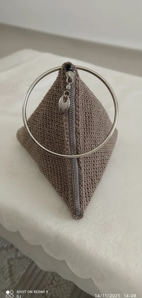 Simli Macrame Knitted Pyramid Bag - Metal Ring Detail, Lined and Zippered