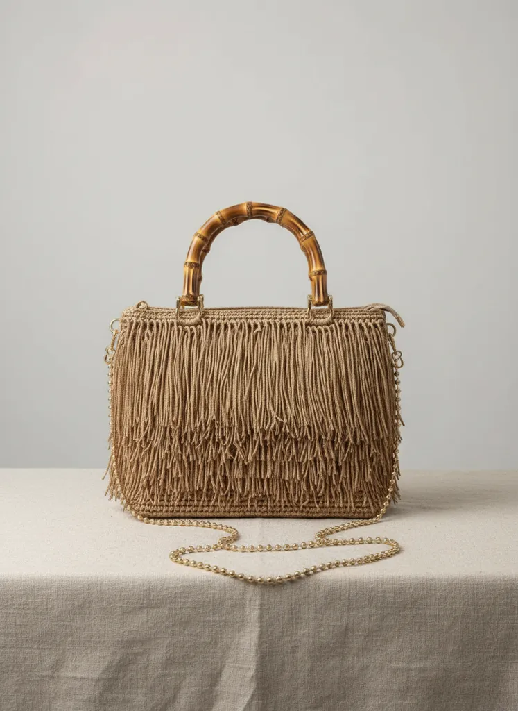 Vizon Rengi Püsküllü Örgü Omuz Çantası - El Örgüsü Kadın