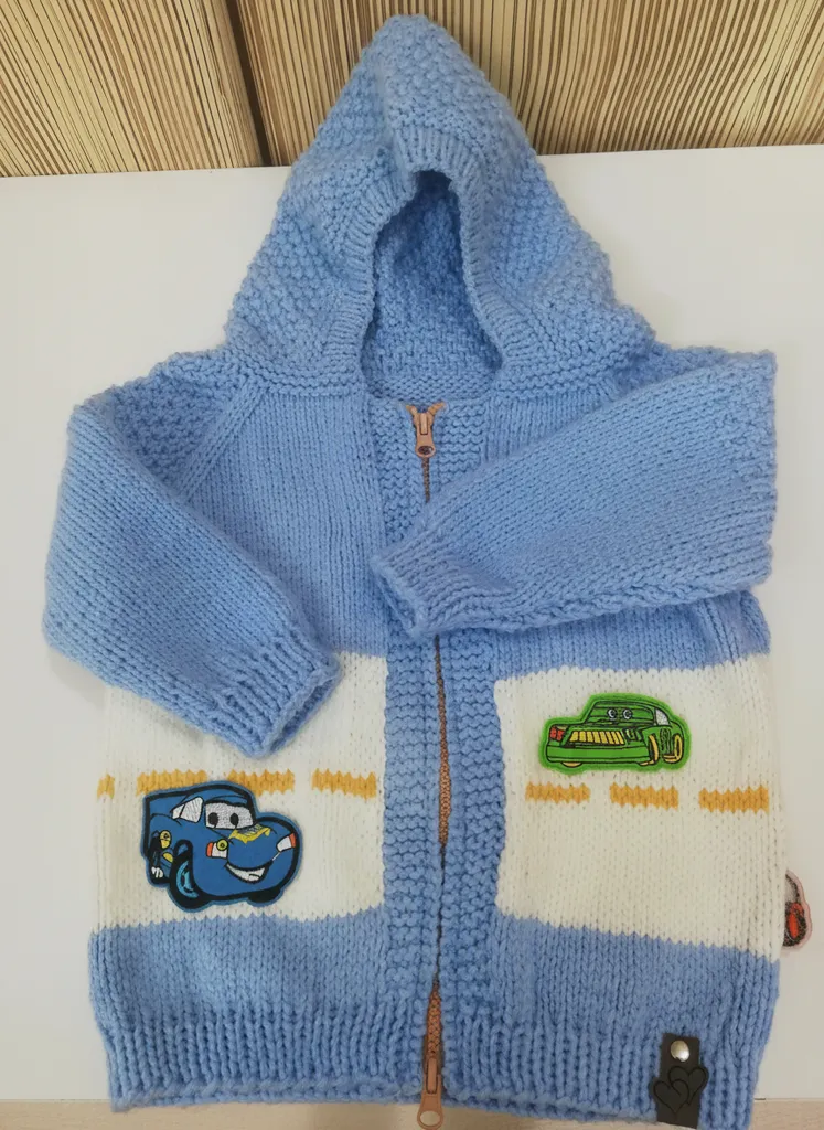 2-3 Yaş Arabalı Kapüşonlu Örgü Hırka - Mavi Renkli Çocuk Hırkası