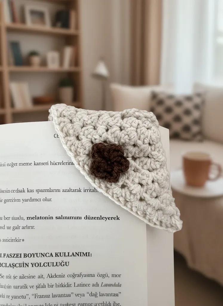 Krem Rengi Örgü Çiçek Detaylı Kitap Ayracı - El Emeği