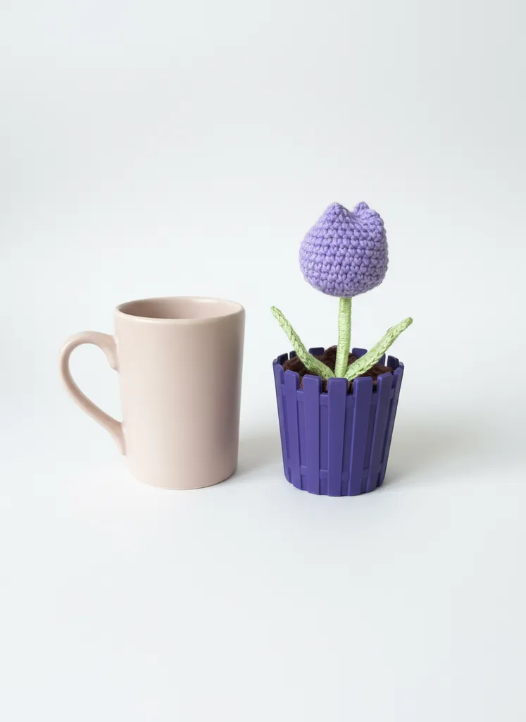 Lila Örgü Lale Çiçeği Mor Saksıda - Dekoratif El Emeği Hediyelik