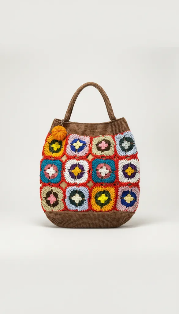 Renkli Motifli Örgü Omuz Çantası - İç Astarlı ve Pompon Detaylı