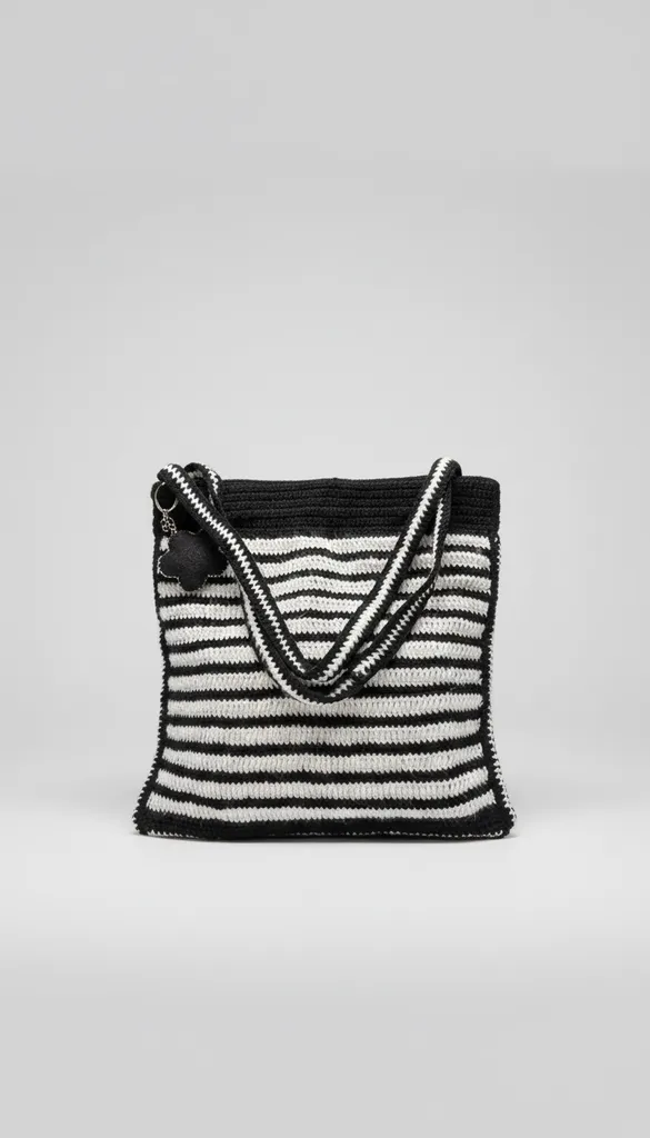 Siyah Beyaz Çizgili Kadın Örme Omuz Çantası - El Emeği