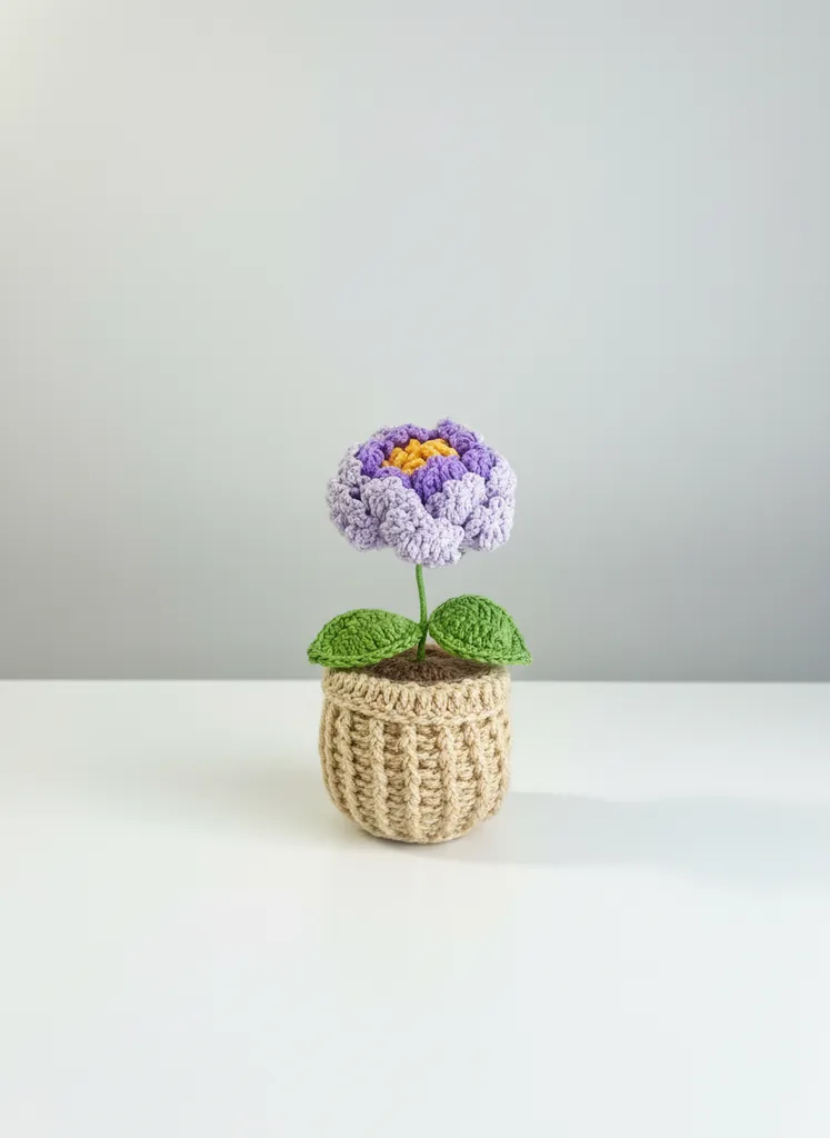 Mor Şakayık Çiçekli Örgü Saksı - Dekoratif El Yapımı Hediye