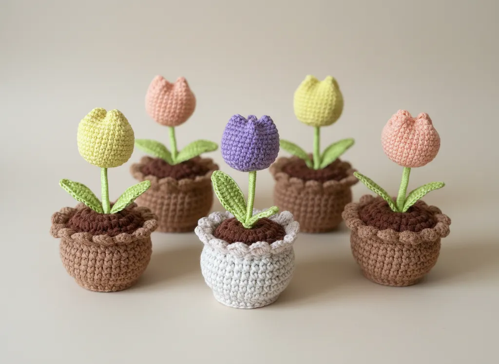 Örgü Saksıda Renkli Lale Buketi - 6 Adet El Emeği Dekoratif Çiçek