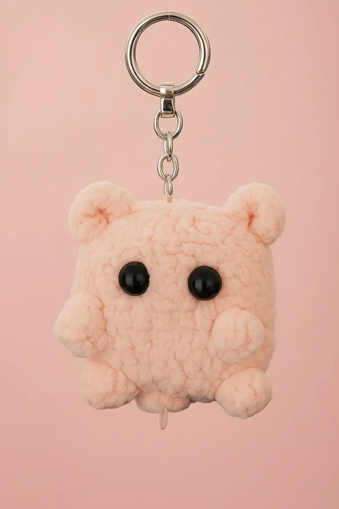 Pembe Kadife İpten Örülmüş Minnoş Ayıcık Anahtarlık - El Emeği