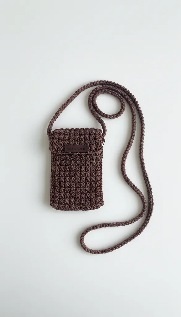 Makrome Örgü Telefon Çantası - Çınar Model Kahverengi Renk - El Emeği