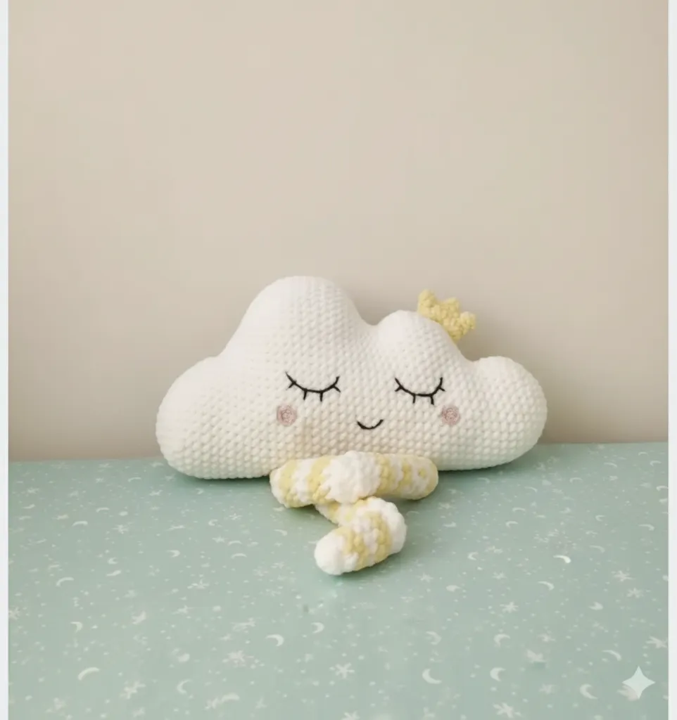Beyaz Kadife Örme Bulut Yastık ve Sarı Şeritli Oyuncak - El Emeği