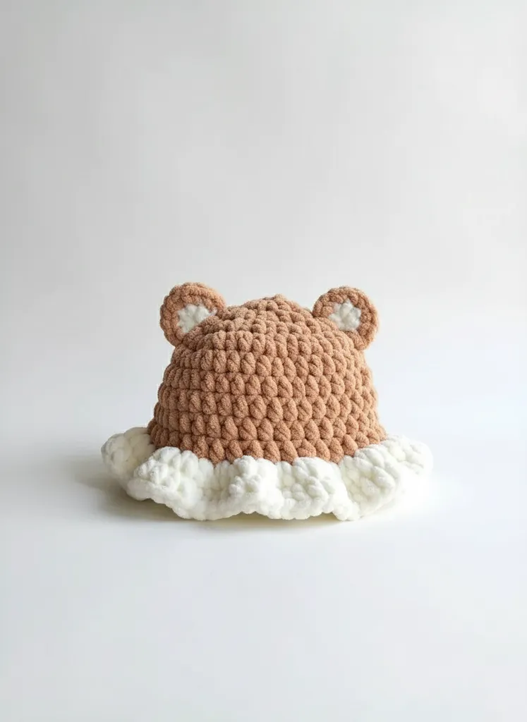 Ayıcık Tasarımlı Kadife Çocuk Şapka - El Yapımı Örgü