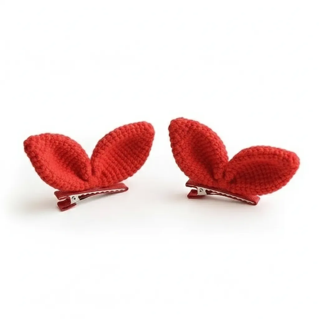 Tavşan Kulaklı Kırmızı Örgü Toka Seti - El Yapımı Saç Aksesuarı