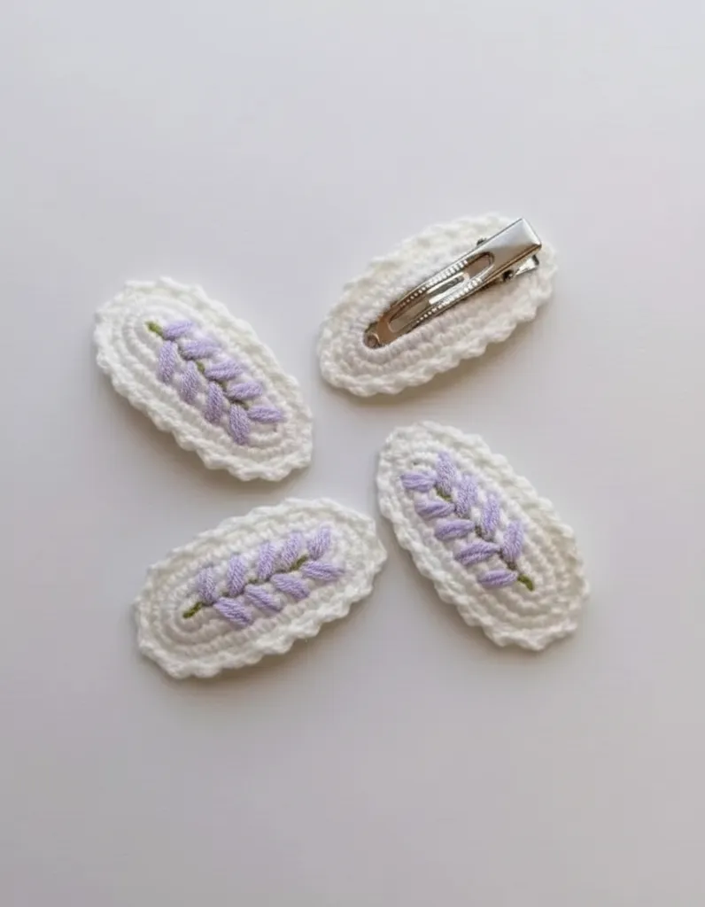 Lavanta Desenli Beyaz Örgü Saç Tokası Seti (4 Adet) - El Emeği