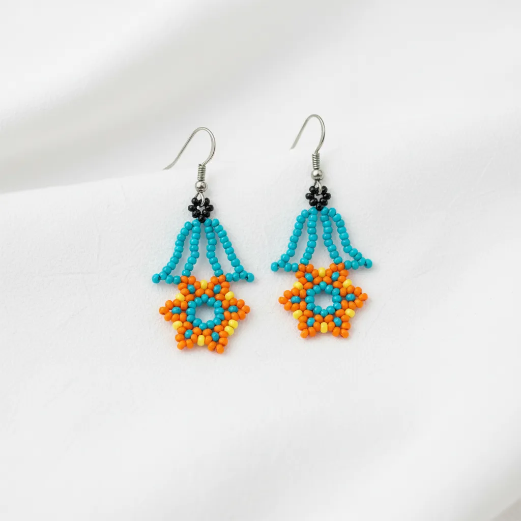 Turkuaz ve Turuncu Miyoki Boncuk Çiçek Motifli Sarkıt Küpe