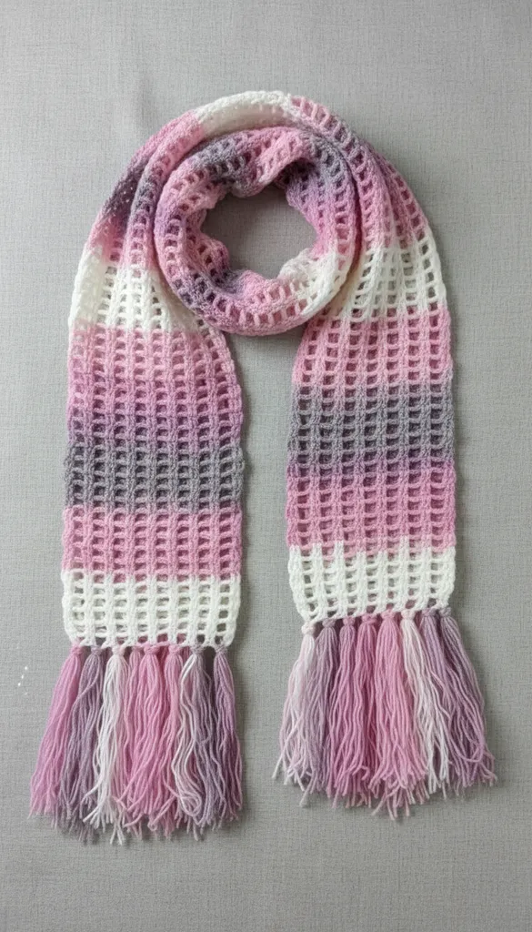 Pembe Beyaz Gri Örgü Atkı - El Emeği Şık ve Sıcak Tasarım