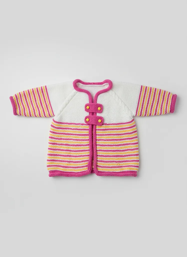 1-2 Yaş Pembe Sarı Beyaz Çizgili Kız Bebek Örgü Hırka - El Emeği