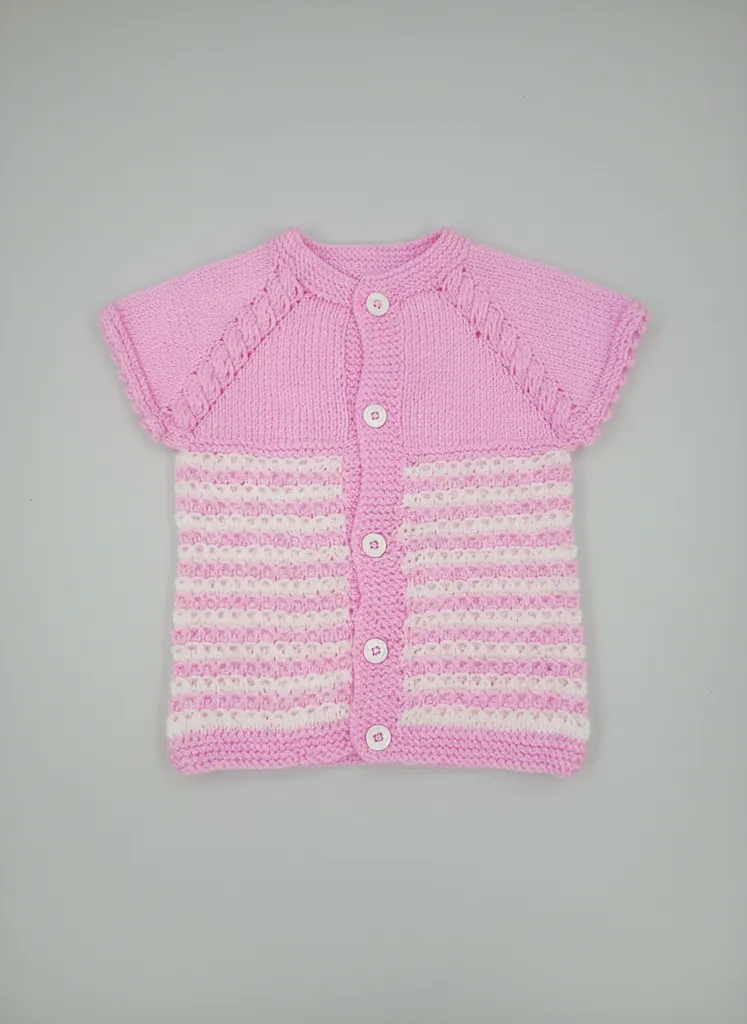 Pembe Beyaz Örgü Kız Bebek Yelek - Yakadan Başlama Model