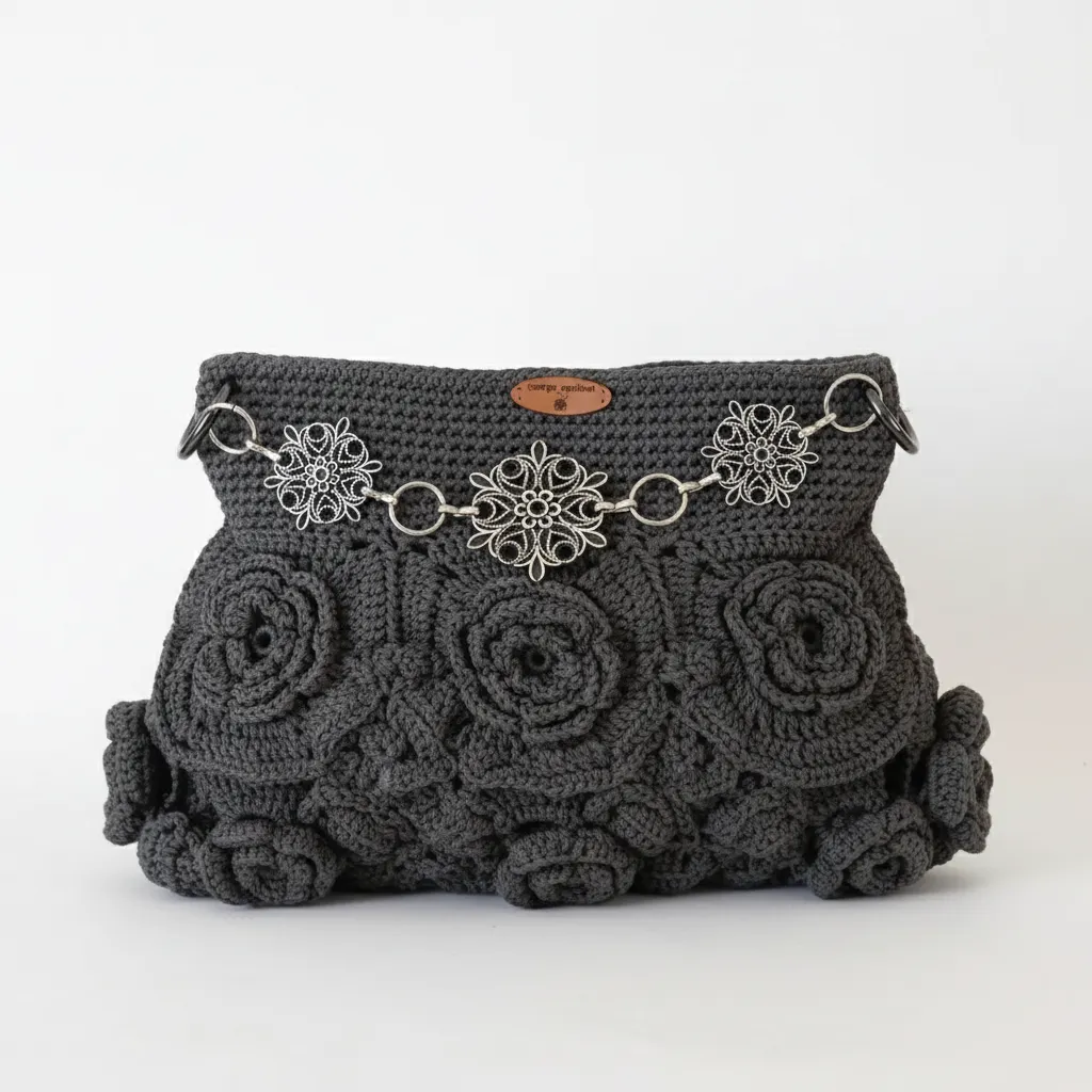 Gri Makrome Gül Motifli Astarlı Omuz Çantası - El Emeği
