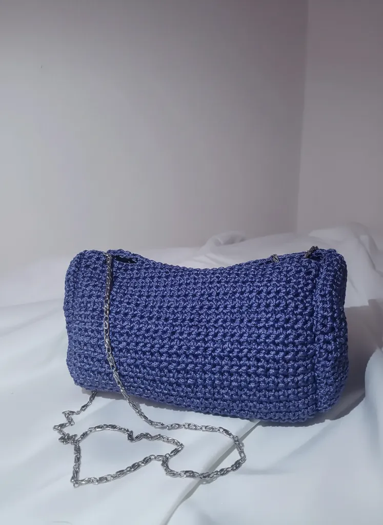 Mavi Örgü Silindir Çanta - Zincir Askılı, El Emeği Tasarım