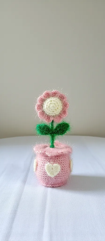 Pembe Örgü Saksıda Papatya - Simli İp Detaylı, El Emeği