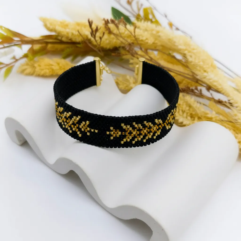 Siyah ve Altın Rengi Miyuki Boncuklu Buğday Başağı Desenli Bileklik