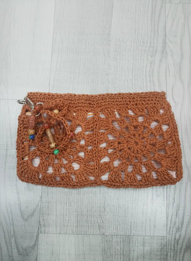 Kiremit Rengi El Örgüsü Motifli Cüzdan - Makyaj Çantası 25x15 cm