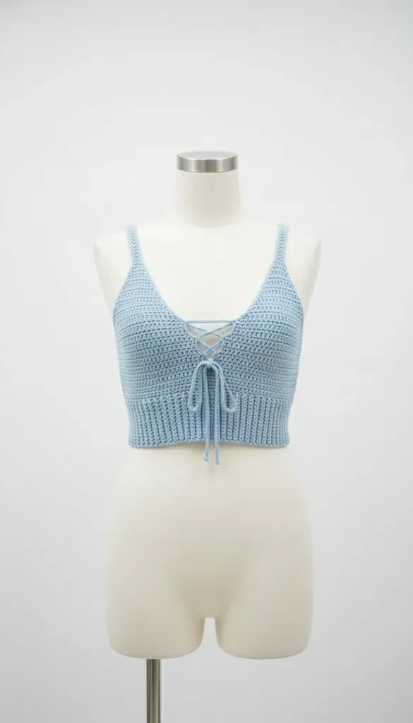 Mavi Tığ İşi Crop Bustiyer - Pamuk Koton İplik, 36-38 Beden