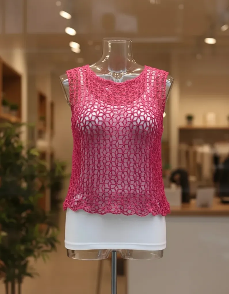 Pembe Koton Buklet Tığ İşi Kolsuz Bluz - 36-38 Beden