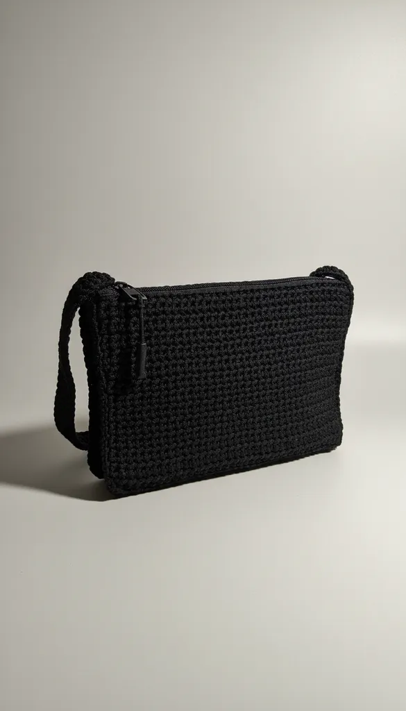 Siyah Örgü Omuz Çantası - Astarlı, Fermuarlı ve El Emeği