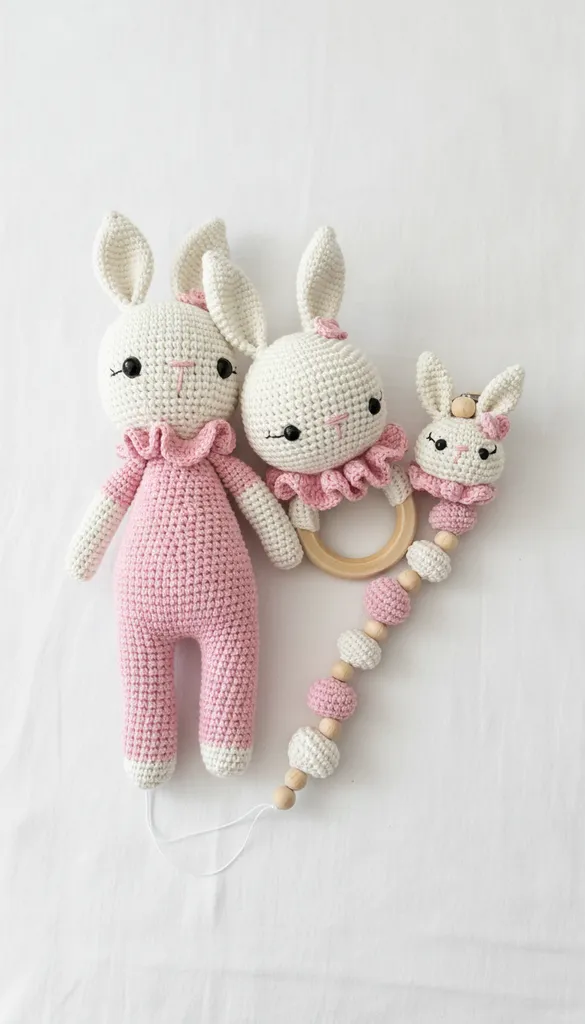 Örgü Tavşan Oyuncak ve Ahşap Boncuklu Emzik Zinciri Seti