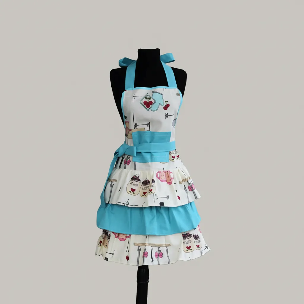 Desenli Fırfırlı Keten Mutfak Önlüğü - Leke Sıvı İtici Özellikli
